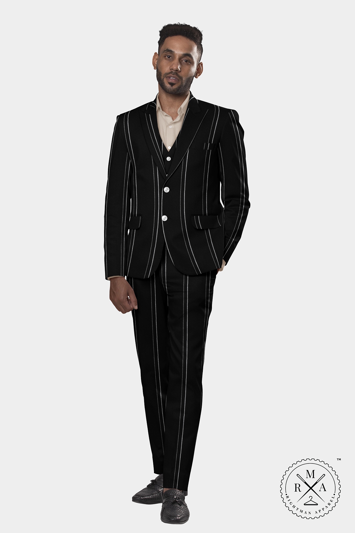 Solid Black Three Piece Suit With White Pinstripes SU61